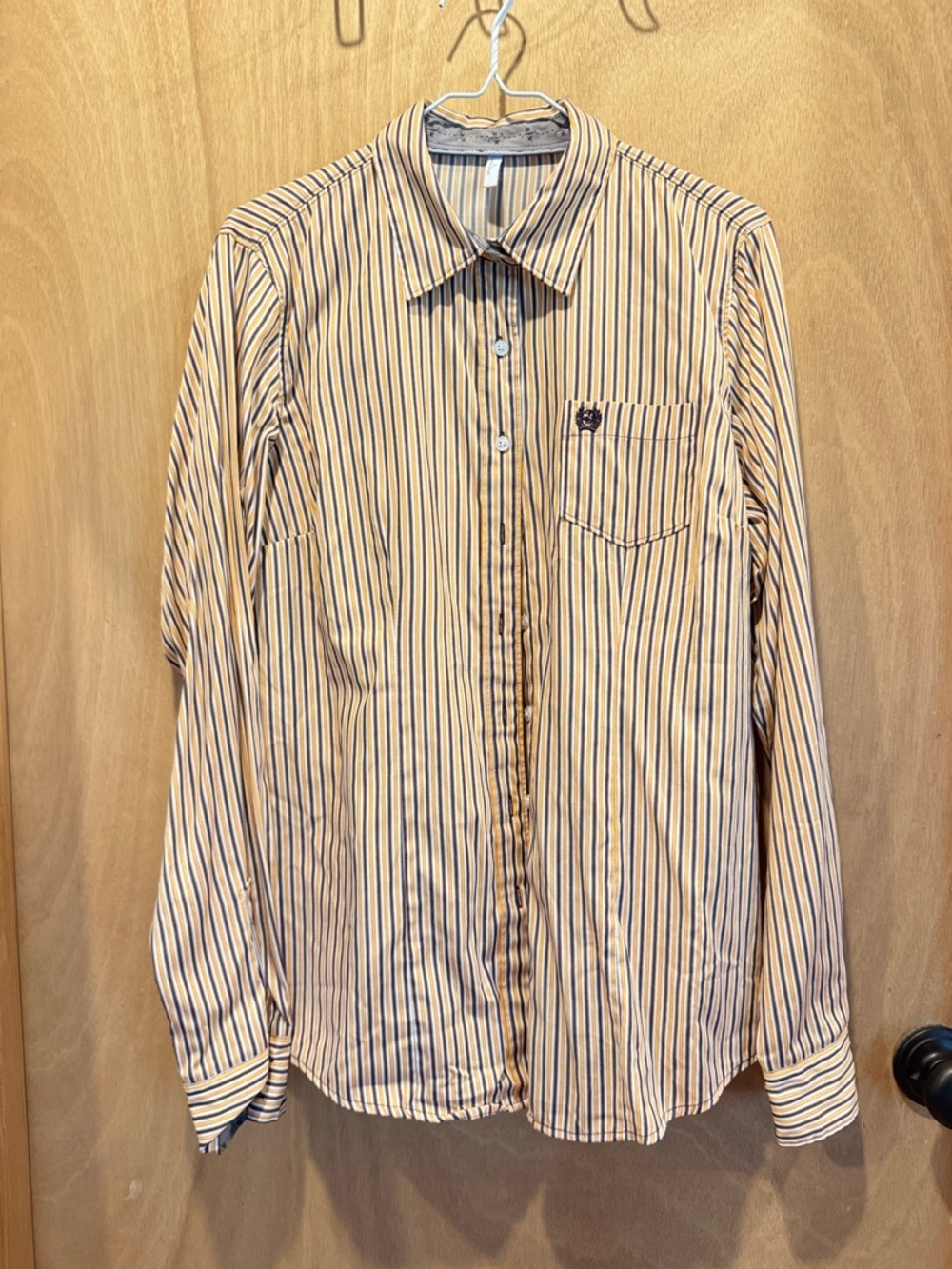 Cinch Men’s Striped Dress Shirt - Beige with Navy Stripes